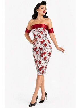 PINUP GIRL STRAPLESS DRESS floral MEDIUM midi bombshell red coquette wiggle